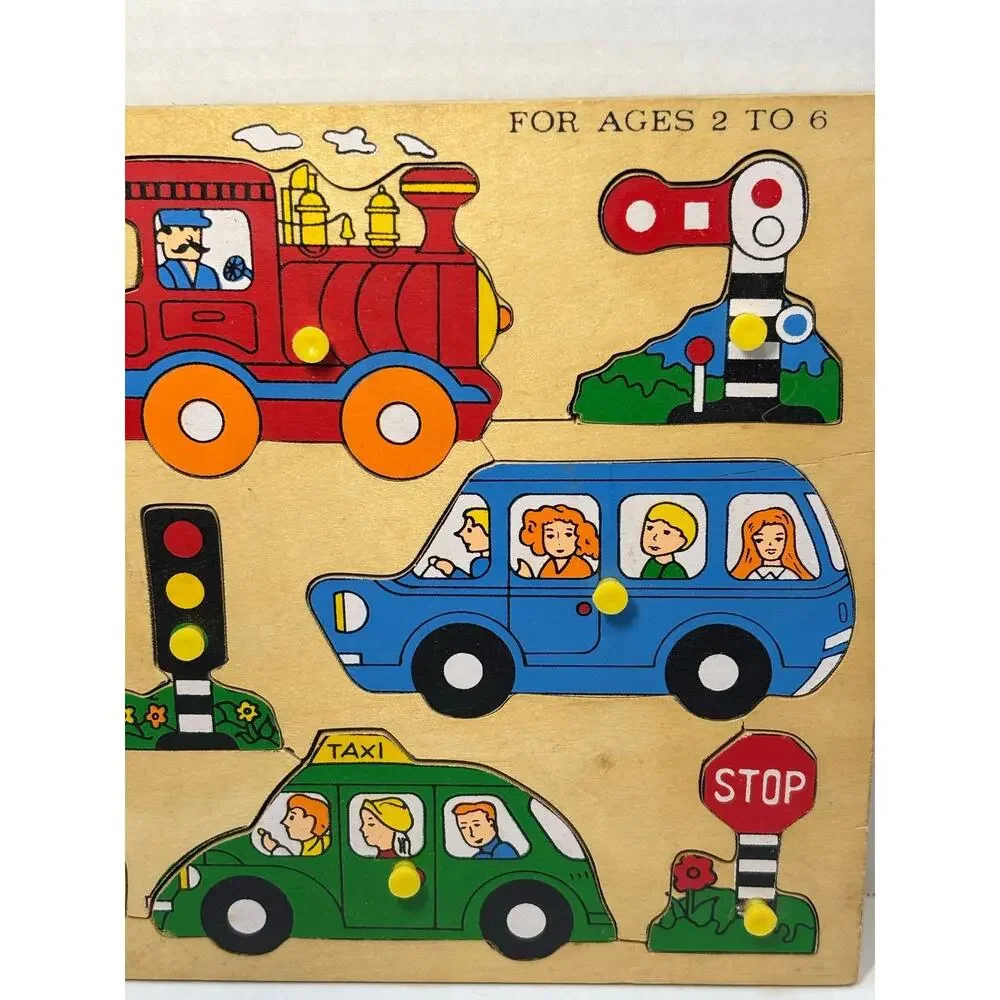 Vintage Children's Wooden Peg Puzzle Transportation Theme Train Taxi.